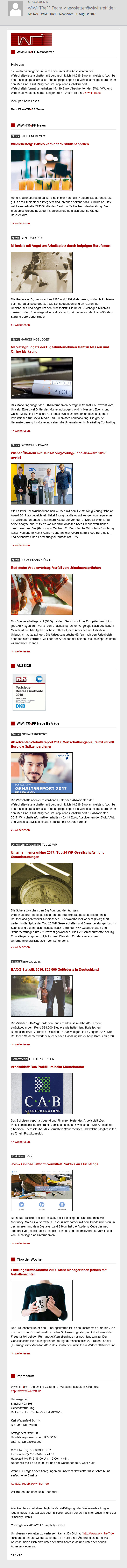 Beispiel-Newsletter WiWi-TReFF.de von August 2017