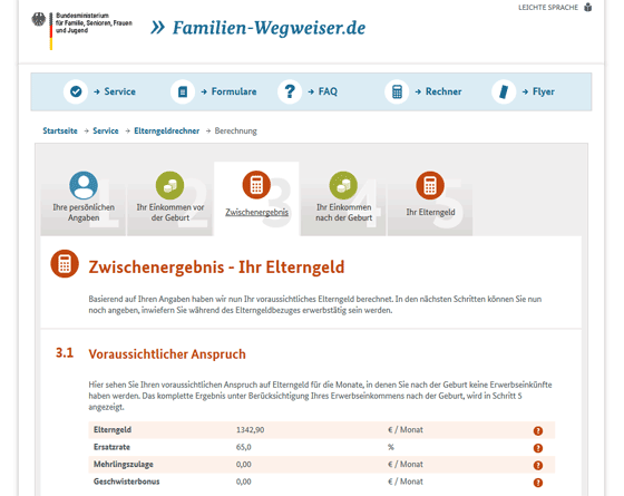 Screenshot einer Beispielberechnung in dem Elternzeit-Rechner auf der Internetseite http://www.familien-wegweiser.de des BMFSFJ. 