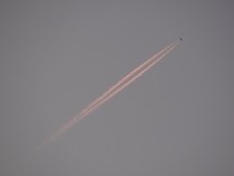 Ein steil aufsteigendes Flugzeug mit einem rotem Schweif.